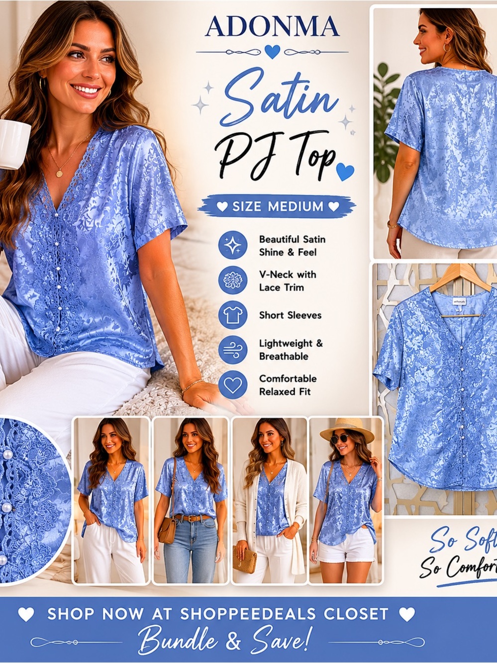 Adonna Satin Sleepwear Top Size M